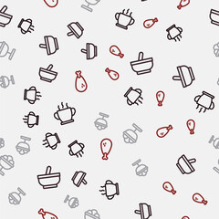 Set line Bowl of hot soup, Mortar and pestle, Ice cream in the bowl and Chicken leg on seamless pattern. Vector