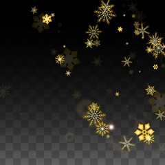 Christmas  Vector Background with Gold Falling Snowflakes Isolated on Transparent Background. Realistic Snow Sparkle Pattern. Snowfall Overlay Print. Winter Sky. Design for Party Invitation.