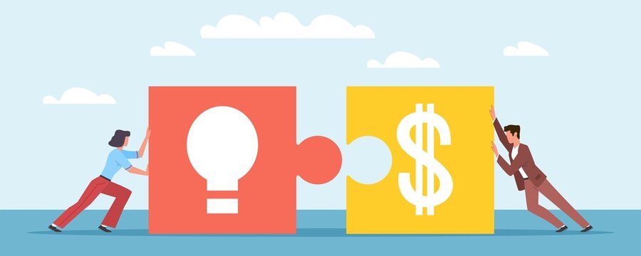 Making decision. Approval, financing of idea, project or startup. Man and woman connect huge puzzles, people cooperation and collaboration. Vector isolated teamwork business concept