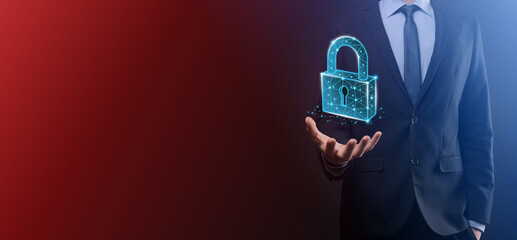 Cyber security network. Padlock icon and internet technology networking. Businessman protecting data personal information on tablet and virtual interface. Data protection privacy concept. GDPR. EU.