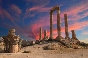 The Citadel in the city of Amman in Jordan in the middle east at the sunset. Temple of Hercules of the Amman Citadel 'Jabal al-Qal'a'