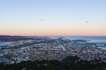 Sunset panoramic landscapes of Sète city, Hérault, Occitania, France