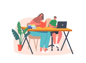 Mother and Kid Reading Books and Learning Classes at Home with Laptop. Parent or Teacher and Son Boy Sitting at Desk