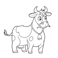 Cute cartoon cow eating hay outlined for coloring book on white background