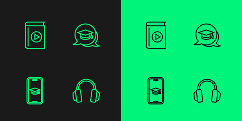 Set line Headphones, Graduation cap mobile, Audio book and in speech bubble icon. Vector