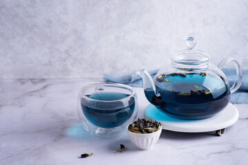 Clitoria ternatea, teapot and cup with blue anchan tea.