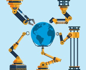Technology is taking over the world. Robot hands and planet earth, technological progress and innovation process, business and science development. Vector isolated concept
