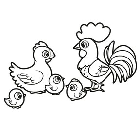 Fototapeta premium Cute cartoon rooster and hen with chickens outlined for coloring book on white background