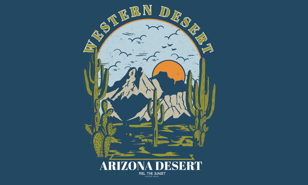 Western desert graphic print design for t shirt, poster, background and sticker. 