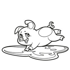 Cute cartoon pig jumping into a puddle outlined for coloring book on white background