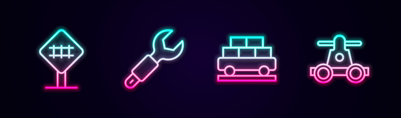 Set line Railroad crossing, Wrench spanner, Cargo train wagon and Handcar transportation. Glowing neon icon. Vector