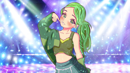 Anime manga cute girl pop star with beautiful hairstyle green hair HD wallpaper