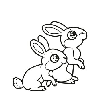 Cute cartoon two rabbits outlined for coloring book on white background