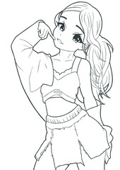 Anime manga cute girl pop star with beautiful hairstyle green hair picture is made with lines	
