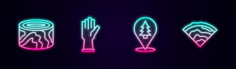 Set line Wooden logs, Protective gloves, Location of the forest and beam. Glowing neon icon. Vector