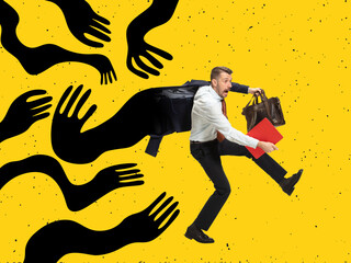 Scared young man, business man running away from giant drawn black creeping arms. Contemporary art...