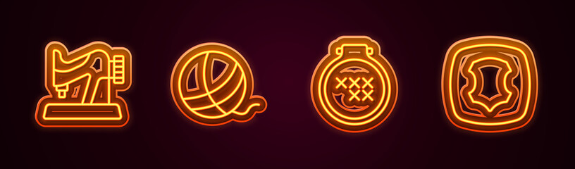 Set line Sewing machine, Yarn ball, Round adjustable embroidery hoop and Leather. Glowing neon icon. Vector