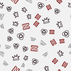 Set line Sewing chalk, Needle bed and needles, Electric iron and Tape measure on seamless pattern. Vector