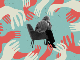 Sad middle-age man sitting among giant drawn white and red creeping arms. Contemporary art collage....