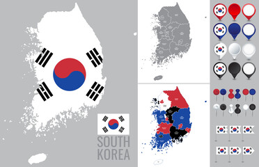 South Korea vector map with flag, globe and icons on white background