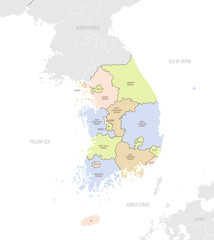 Detailed map of South Korea with administrative divisions and borders of neighboring Asian countries, vector illustration on white background