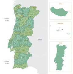Detailed map of Portugal with administrative divisions into region and municipalities, major cities of country, vector illustration onwhite background