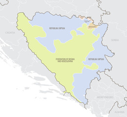Detailed map of Bosnia and Herzegovina with administrative divisions and borders of neighboring countries in Europe, vector illustration
