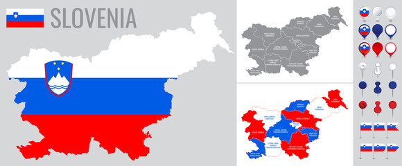 Slovenia vector map with flag, globe and icons on white background