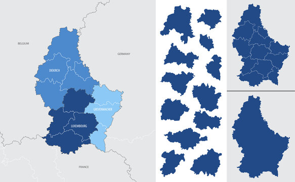 Detailed vector blue map of luxembourg with administrative divisions into district and cantons of the country