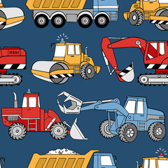 Hand drawn construction trucks and bulldozers seamless vector pattern. Perfect for textile, wallpaper or print design.