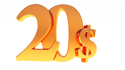 golden twenty (20) dollars number isolated on white background, 3D render