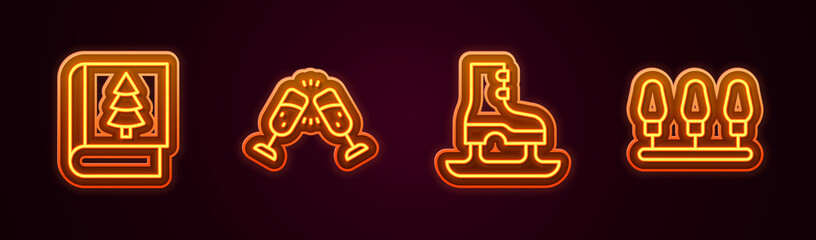 Set line Christmas book, Glass of champagne, Skates and lights. Glowing neon icon. Vector