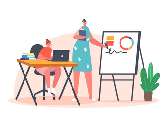 Kids Home Education Concept. Mother Character Help Daughter with Homework. Child Sitting at Table with Laptop and Books