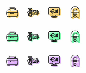 Set line Location fishing, Case or box for equipment, Spinning reel and Inflatable boat with motor icon. Vector