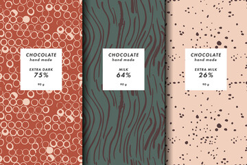 Vector illustration set of templates contemporary abstract cover and patterns for chocolate and cocoa packaging with labels. Minimal modern backgrounds.