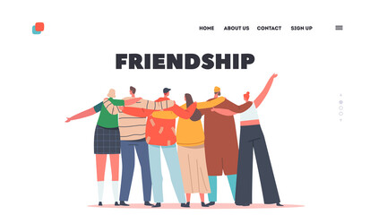 Friendship Day Celebration Landing Page Template. Hugs with Friends Rear View. Diverse Multiracial Characters Hugging
