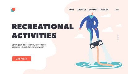 Recreational Activities Landing Page Template. Extreme Water Sports. Fly Board Rider Making Stunts, Summer Vacation Fun