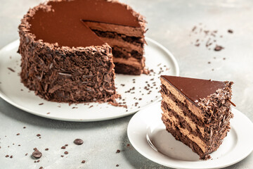 delicious chocolate cake. Food recipe background. Close up. Layered chocolate cake