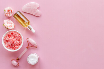 Cosmetics products with gua sha face massage stone and roller
