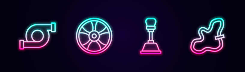 Set line Automotive turbocharger, Alloy wheel for car, Gear shifter and Racing track. Glowing neon icon. Vector