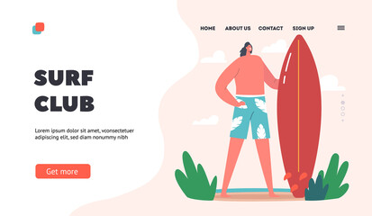 Surf Club Landing Page Template. Young Man with Board in Hands Stand on Beach of Summer Resort. Summertime Vacation