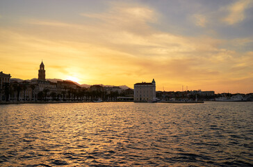 Travel by Croatia. Beautiful landscape with sunrise in Split Old Town on sea shore. The 9th of...