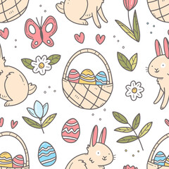Seamless spring Easter pattern with bunnies and Easter eggs and baskets in cartoon doodle style. Illustration background.