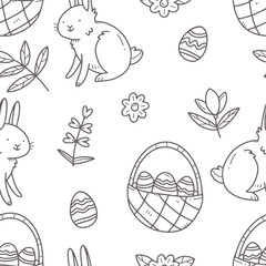Seamless spring Easter black and white pattern with rabbits and Easter eggs and baskets in cartoon doodle style. Illustration background.