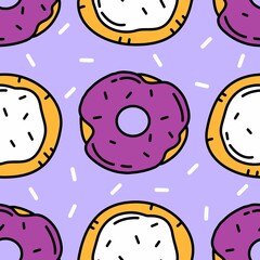 Fototapeta premium Seamless pattern with multicolored glazed donuts with sprinkles. Illustration background.