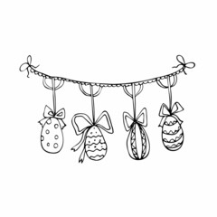 Cute hanging easter eggs composition hand drawn. Collection, set of doodle vector illustration for easter, pattern for banner, wallpaper, card. Ornament eggs with bow isolated on white background.