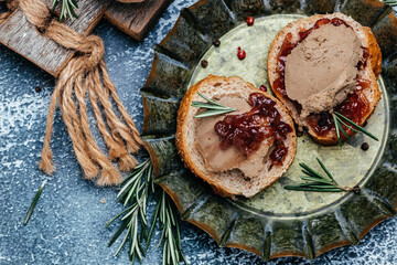 Canapes with chicken liver pate and onion chutney, Homemade duck liver pate with red onion jam....