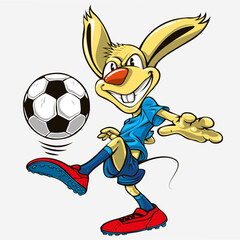 Obraz premium Soccer player rabbit with a blue uniform dribbling the ball. Football concept soccer mascot rabbit.