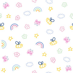Cute seamless pattern with doodle elements. Girlish print. Vector hand drawn illustration. 