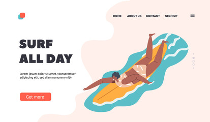Surfing Fun Landing Page Template. Young Woman Surfer Character in Bikini Lying on Surfboard Row with Hands Catch Wave